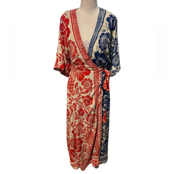 Farm Rio Floral wrap around maxi dress- Red and Blue size S - Picture 1 of 14